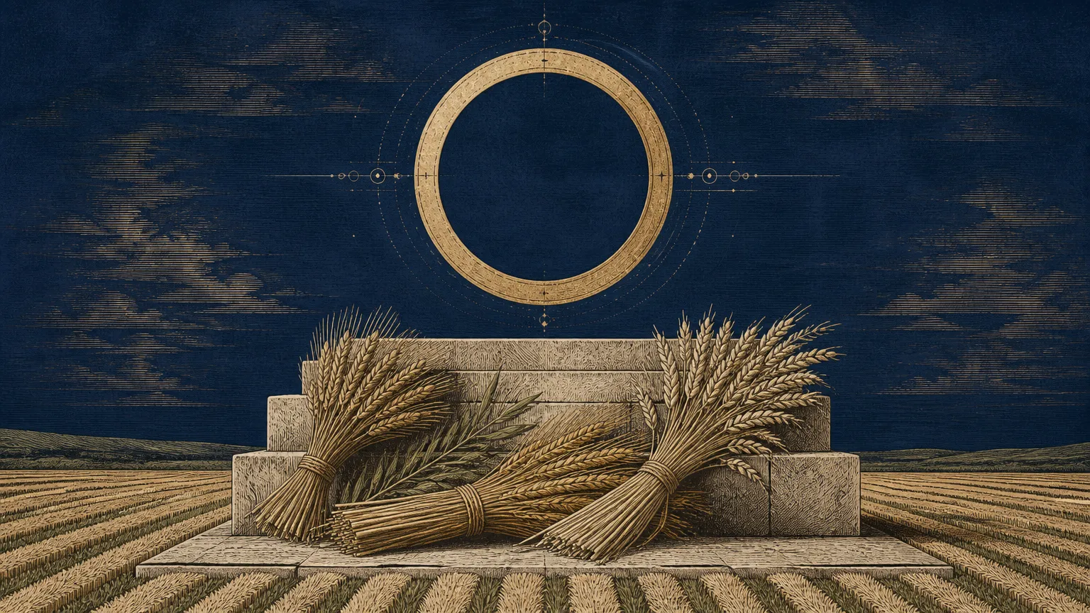 A stylized woodcut-style engraving of a golden geometric celestial circle above harvested sheaves of grain resting on an austere stone terrace.